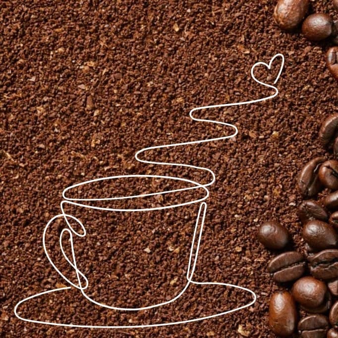 Line-art coffee cup drawn over fresh coffee grounds and whole beans