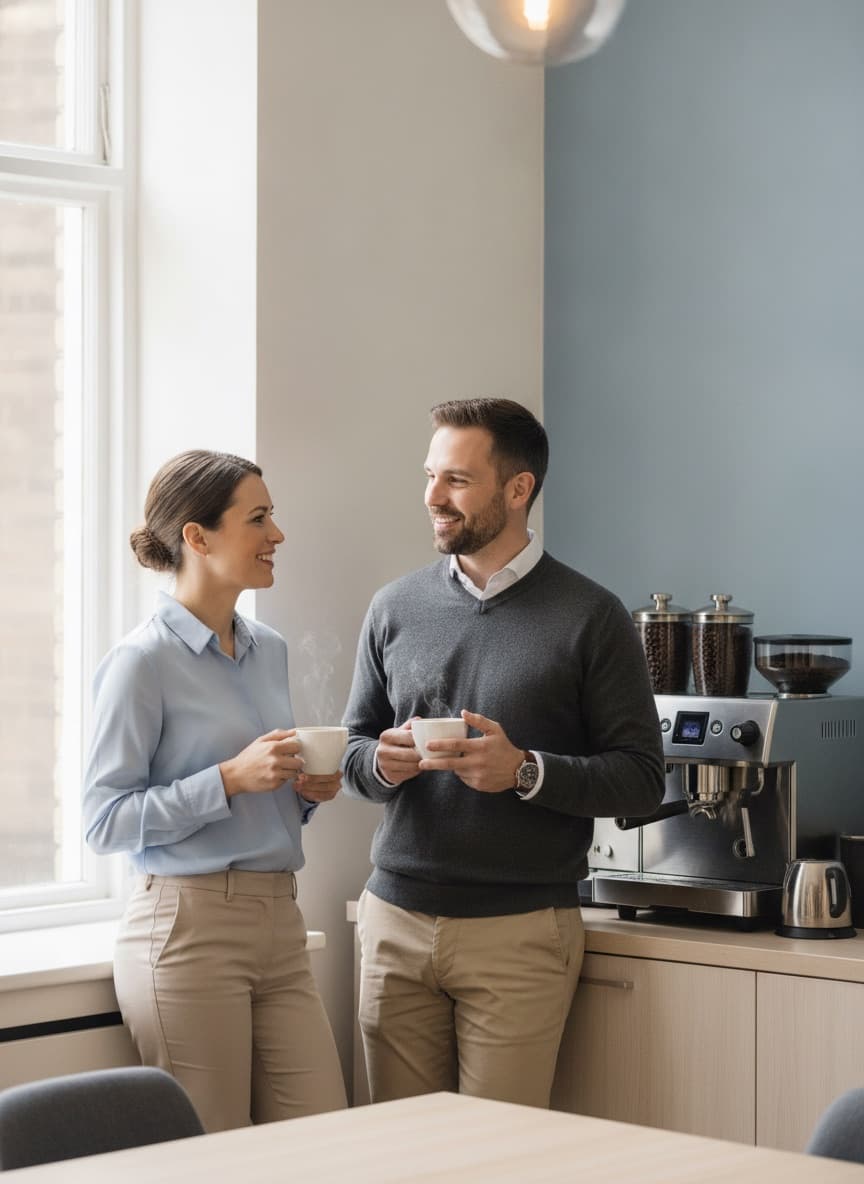 Two coworkers chatting over coffee near an office coffee station