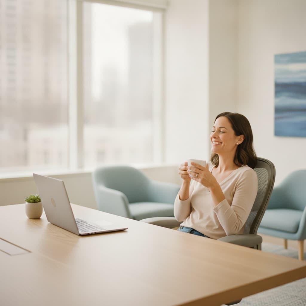 Office worker enjoying a coffee break at a bright modern desk