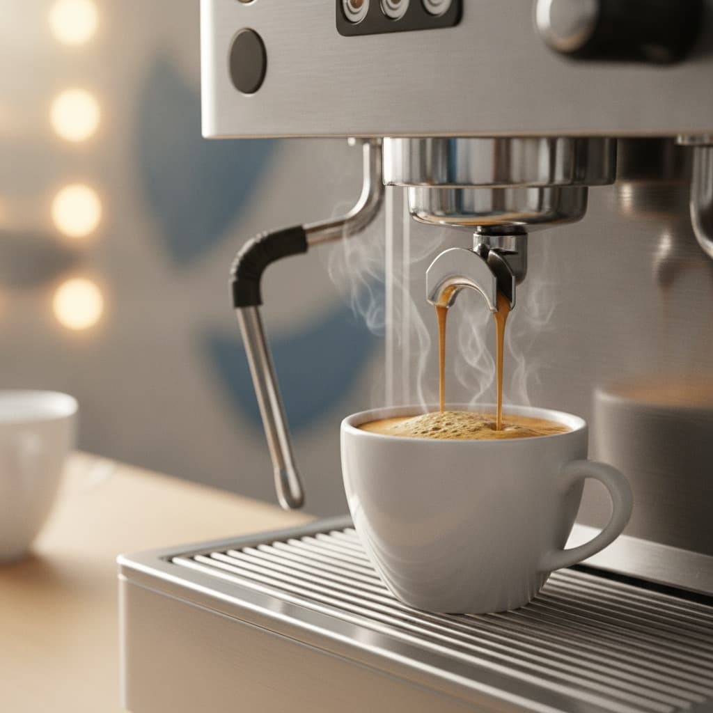 Fresh espresso with golden crema being dispensed into a white cup