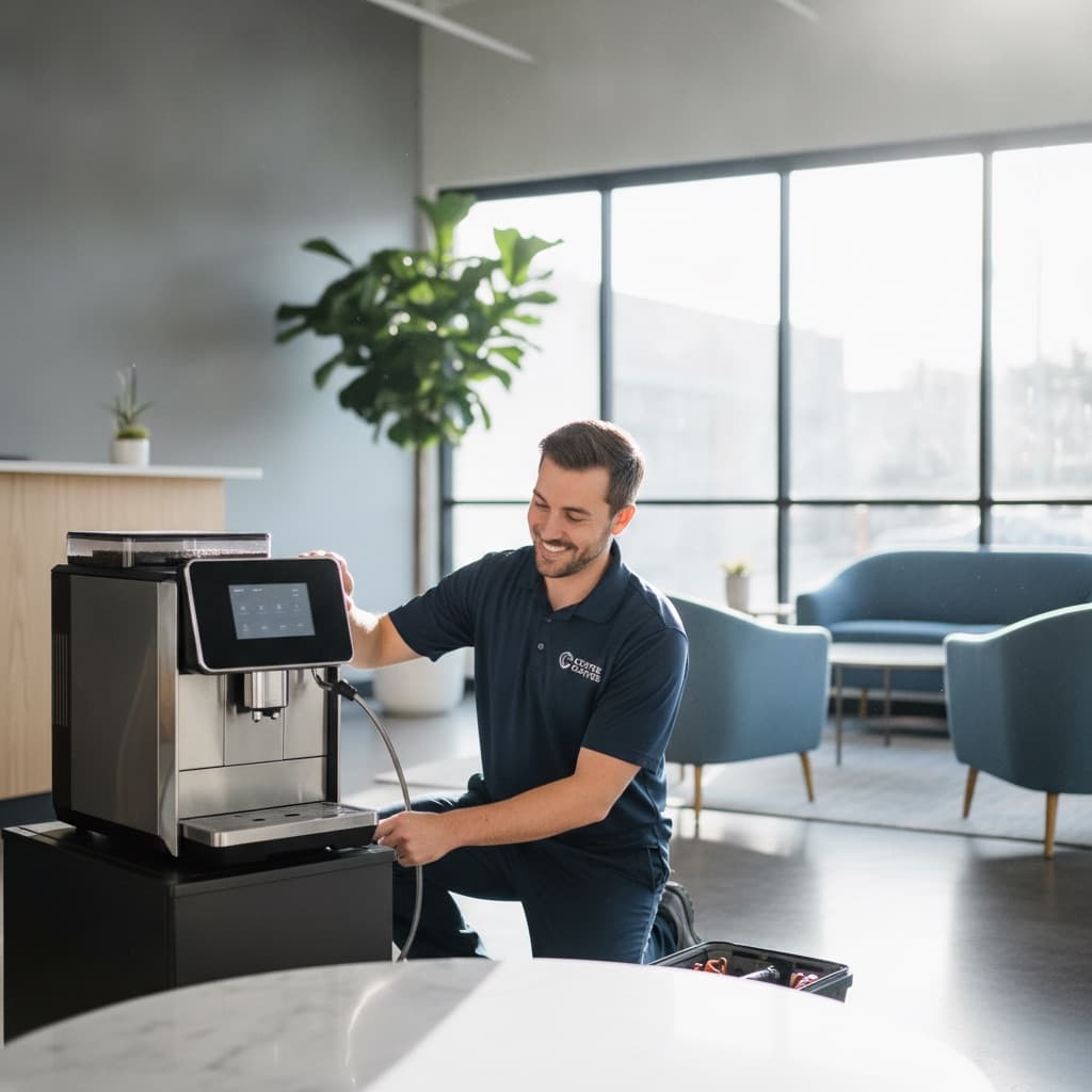 Service technician installing a coffee machine in a small business lobby