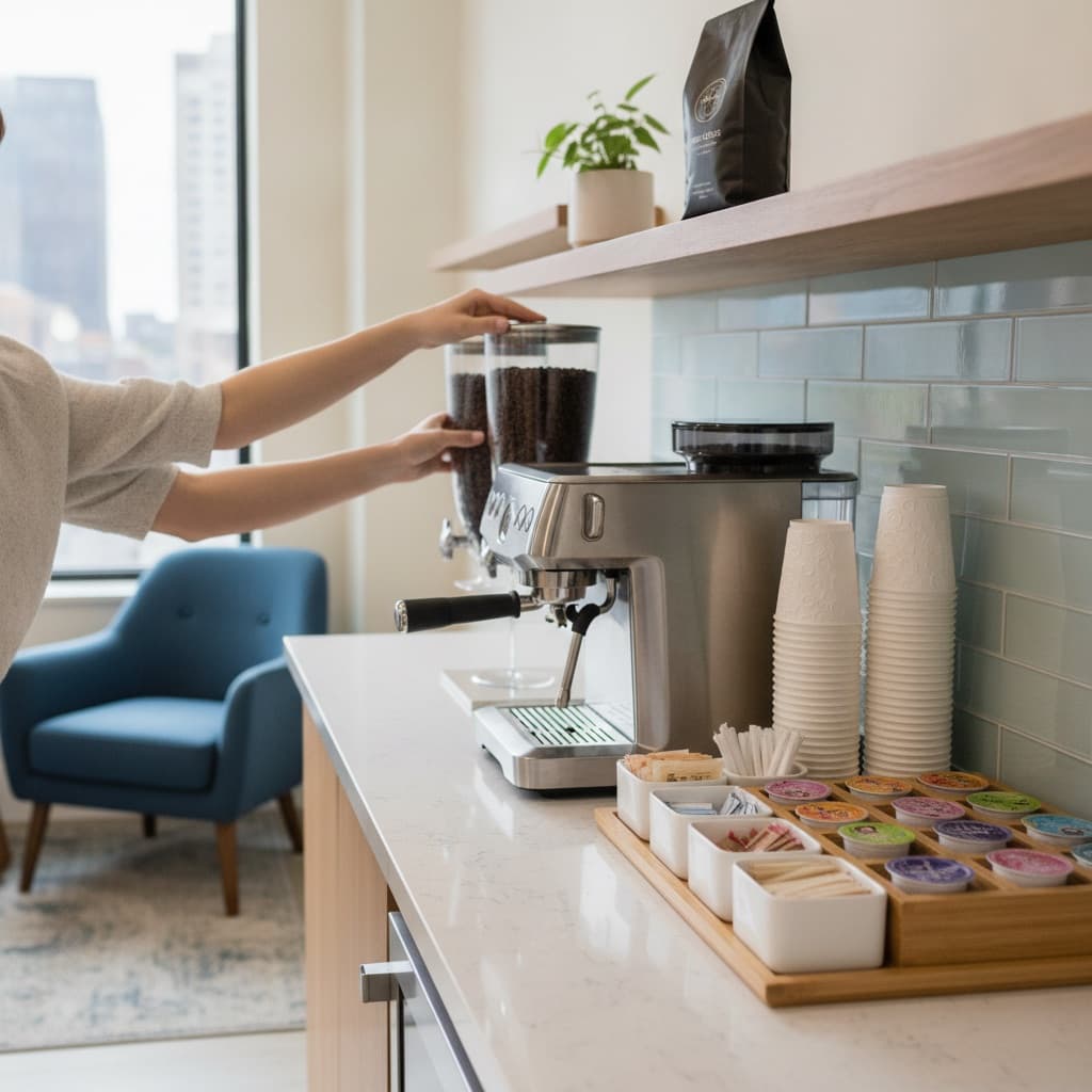 Restocking fresh coffee beans, cups, and pods at an office coffee station